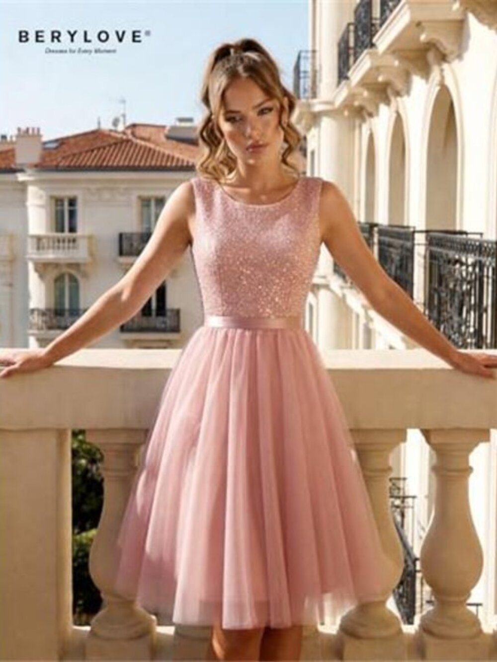 Sequin Dress Vintage A Line Wedding Formal Swing Tulle Dress Tulle Sequin Blush - Picture 3 of 6